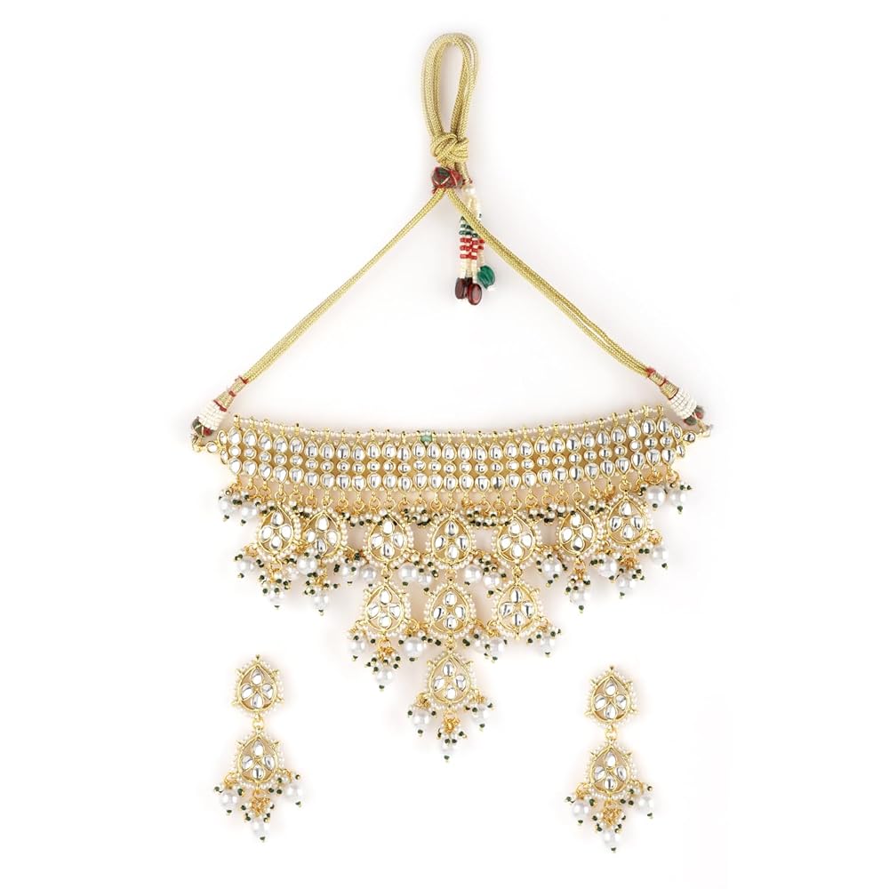 Rubans Women's 22Kt Gold Plated Luxury Kundan Studded White Beaded Choker Set