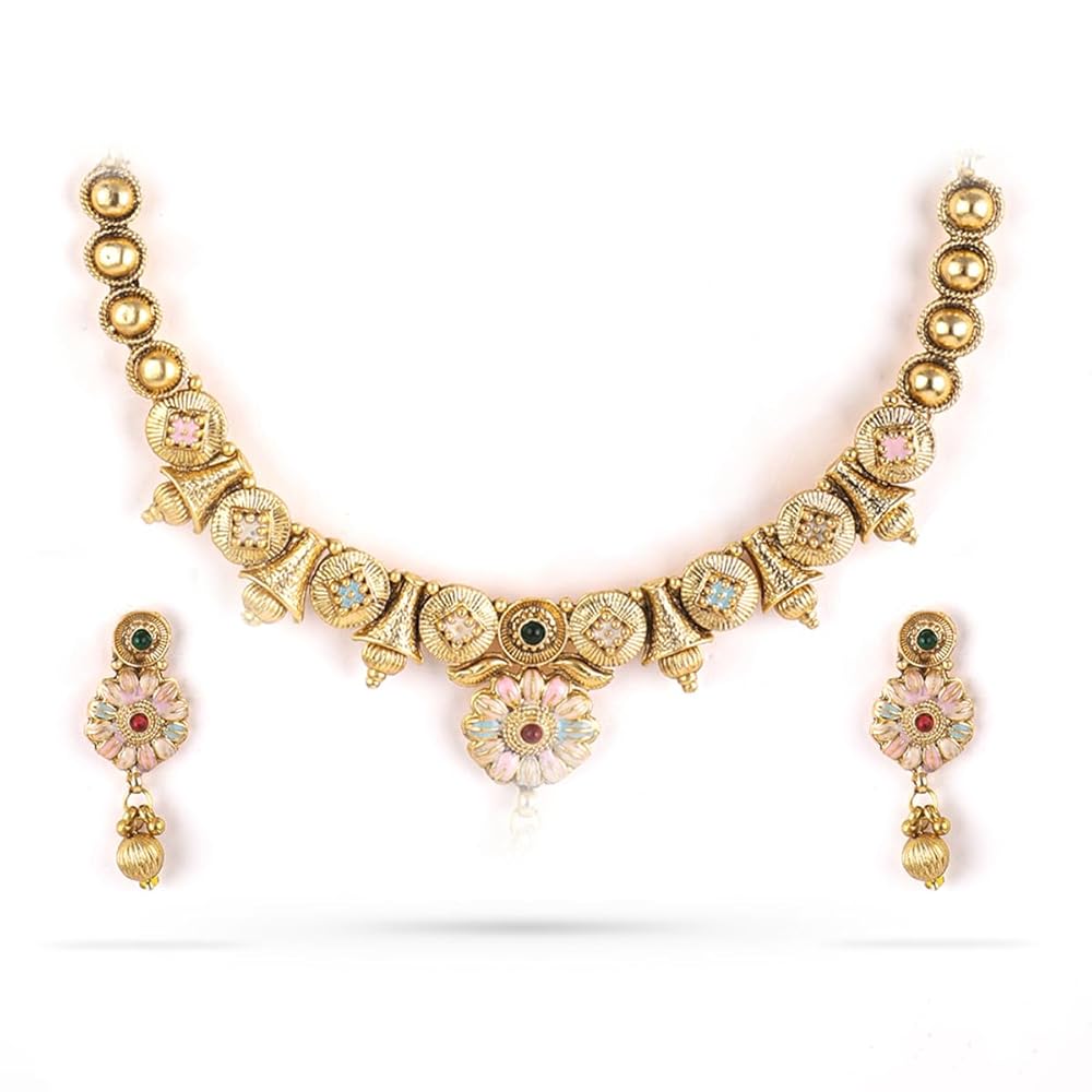 Rubans Womens 22Kt Gold Plated Red & Green Stone Studded Floral Choker Jewelry Set For Weddings & Festives