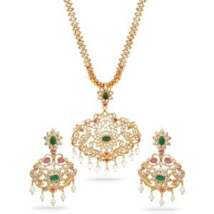 Rubans Women's 24K Gold-Plated Kundan & Emerald Stone Studded Necklace Set With Pearl Drops And Chandbali Earring