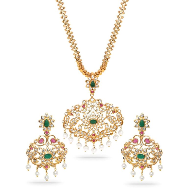 Rubans Women's 24K Gold-Plated Kundan & Emerald Stone Studded Necklace Set With Pearl Drops And Chandbali Earring