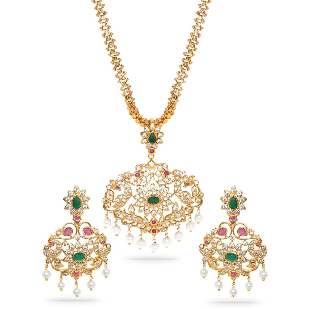 Rubans Women's 24K Gold-Plated Kundan & Emerald Stone Studded Necklace Set With Pearl Drops And Chandbali Earring