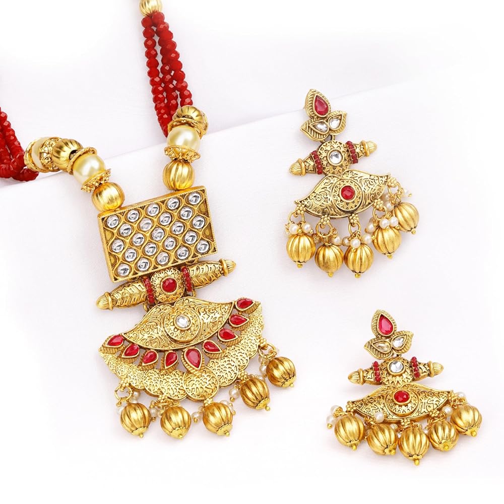 Rubans Womens Antique Gold-Plated Temple Jewellery Set with Red Embellished Stones - Ideal for Weddings & Special Occasions