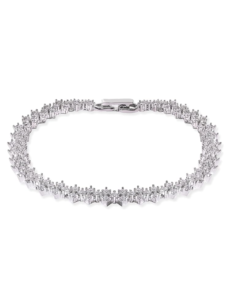 Rubans Womens Brass Cubic Zirconia Rhodium-Plated Link Bracelet