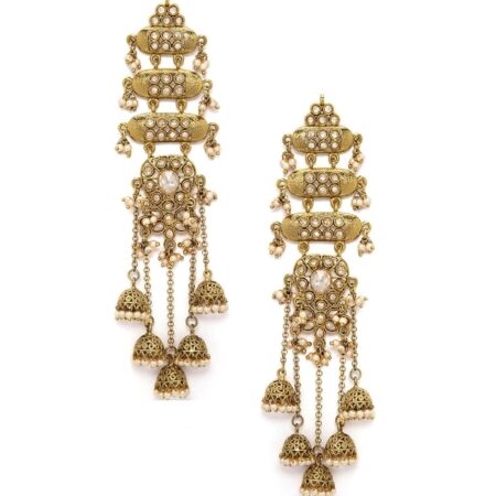 Rubans Women's & Girl's 22K Gold-Plated Antique Gold Tone Jhumka Shoulder Duster Earrings with Pearl Accents