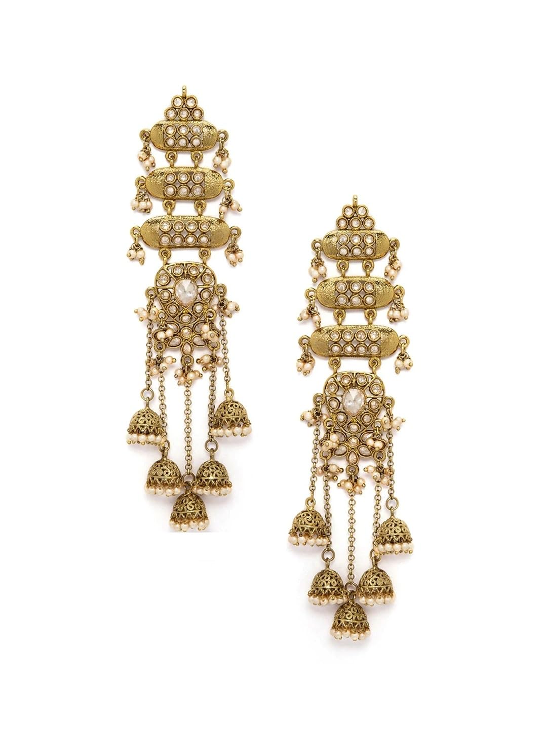 Rubans Women's & Girl's 22K Gold-Plated Antique Gold Tone Jhumka Shoulder Duster Earrings with Pearl Accents