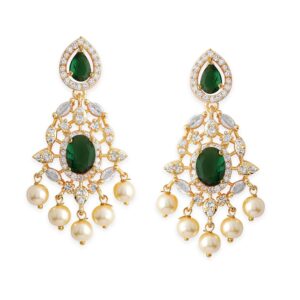 Rubans Women's & Girl's 22KT Gold-Plated Emerald Green & Cubic Zirconia Studded Chandelier Earrings with Pearl Drops