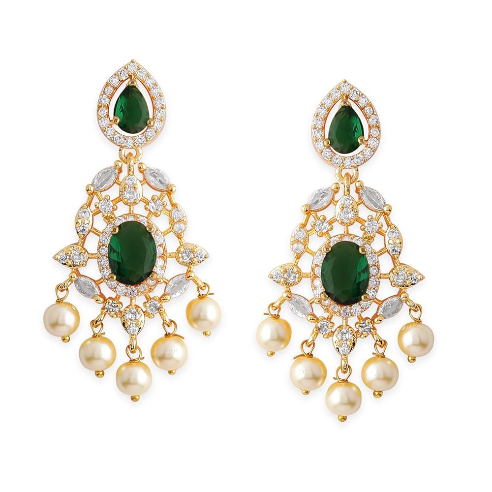 Rubans Women's & Girl's 22KT Gold-Plated Emerald Green & Cubic Zirconia Studded Chandelier Earrings with Pearl Drops
