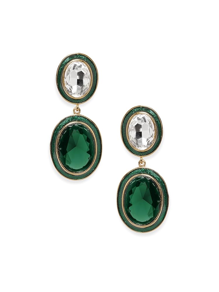 Rubans Women's Gold Plated Emerald Crystal Teardrop Shaped Drop Earrings