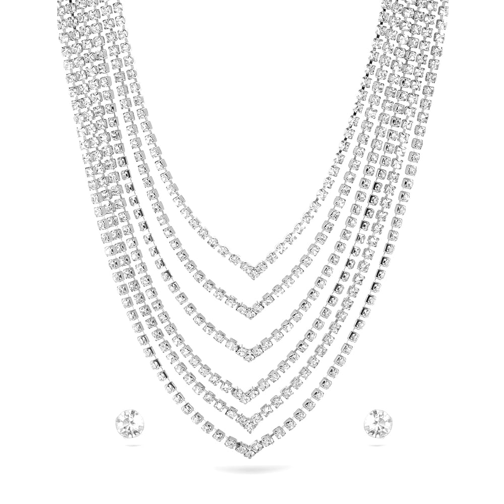 Rubans Women's Rhodium-Plated Crystal-Studded Multi-Layered Necklace & Earring Set
