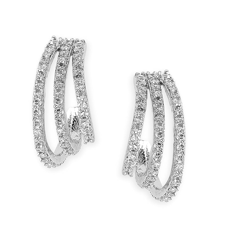 Rubans Womens Rhodium Plated Cubic Zirconia Studded Hoop Earrings