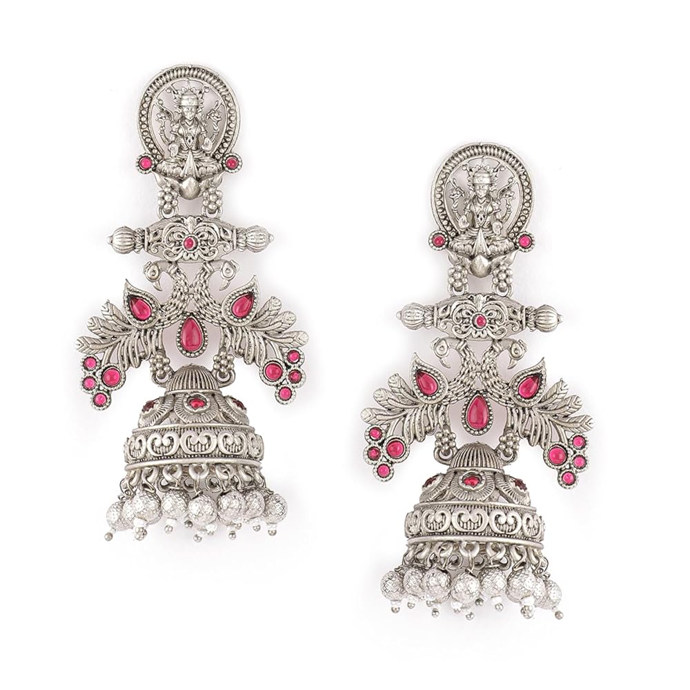 Rubans Women's Rhodium-Plated Stone-Studded Oxidised Dome Shaped Jhumkas