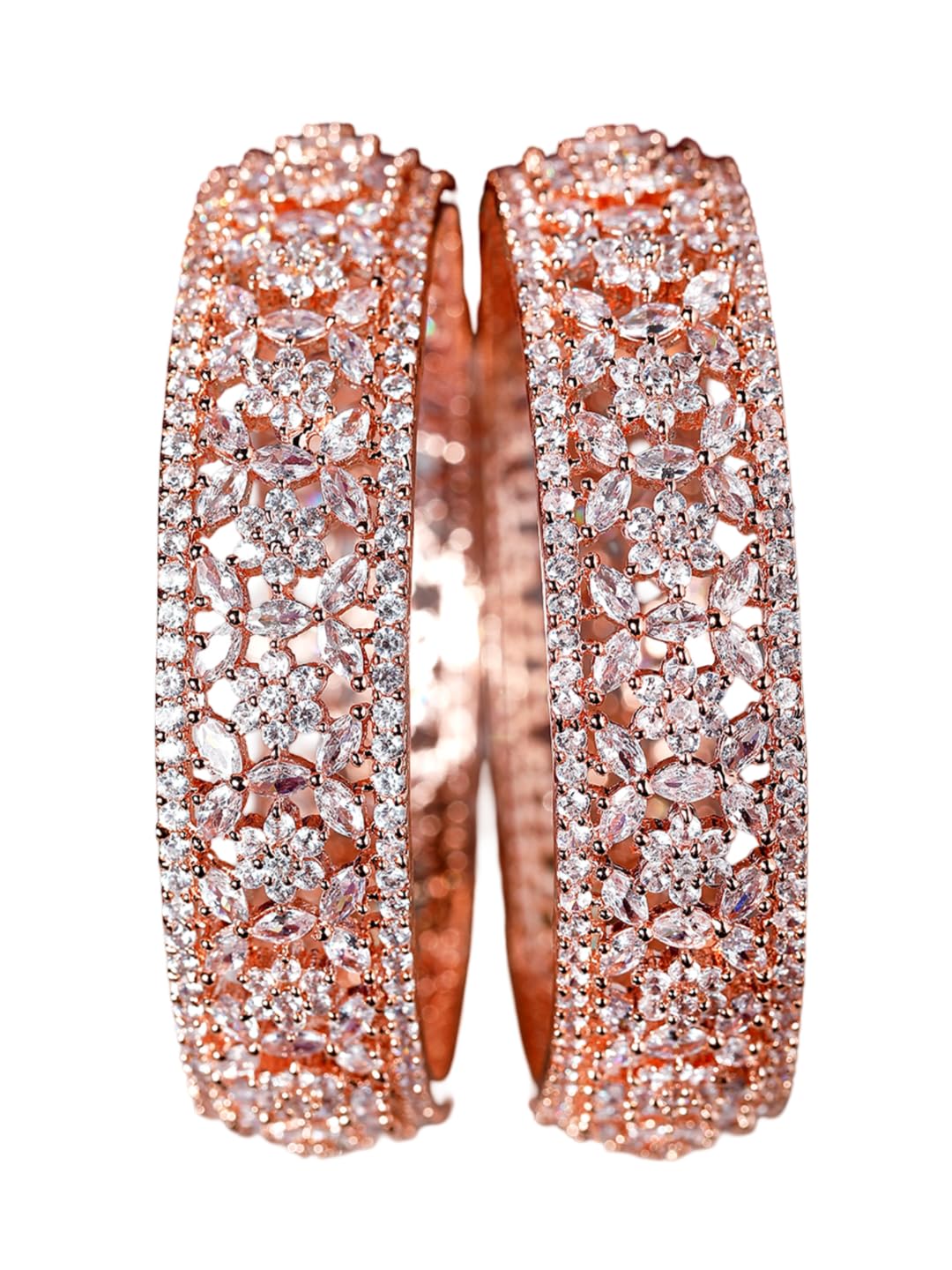 Rubans Womens Set of 2 Rose Gold Plated Zirconia Stone Studded Bangles