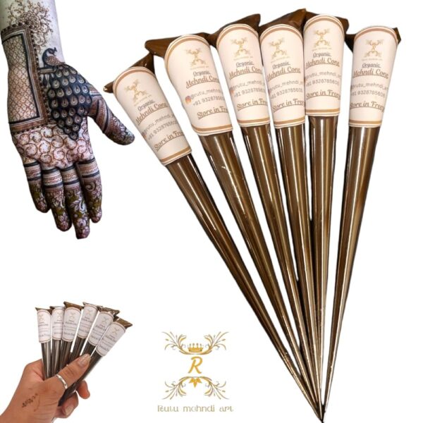 RUTU MEHNDI ART - Homemade Organic Henna Cones - Chemical-Free, Infection-Free, Natural Mehndi for All Skin Types, Bridal & Hand Art, Long-Lasting Dark Red Stain (6 Cones)