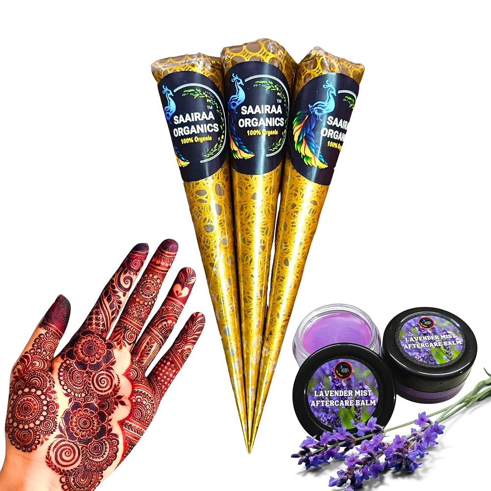 Saairaa Organics Bridal Mehendi Cones (3pcs in 1 box) + Free Aftercare Balm (1Pcs 5g) | Enriched with Lavender Essential Oil