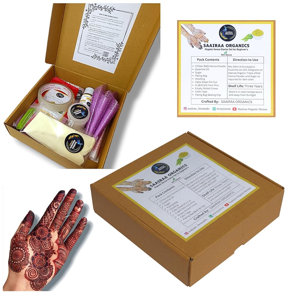 Saairaa Organics Henna Starter Set for Beginners | DIY Organic Cone Making Kit | Make 14-16 Cones