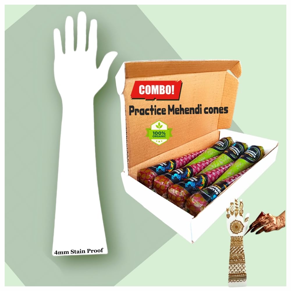 Saairaa Organics Mehendi Practice Hand 4mm Thickness Acrylic Stain Free Board + Practice Mehendi Cones (7Pcs in 1 Box) | Perfect Choice Mehendi Beginners | Mehendi Artists...