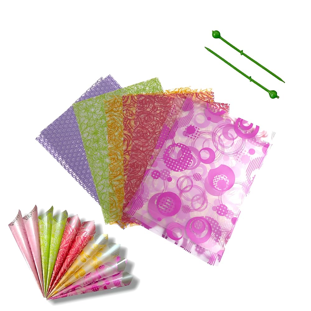 Saairaa Organics Printed Design Pre Cut Multicolour Frozen Cellophane Sheets for mehndi cone 30 Micron 6.75 Inch X 5 Inch (60 Pcs) with 0.7 MM Plastic Pins for Cone Rolling (60...