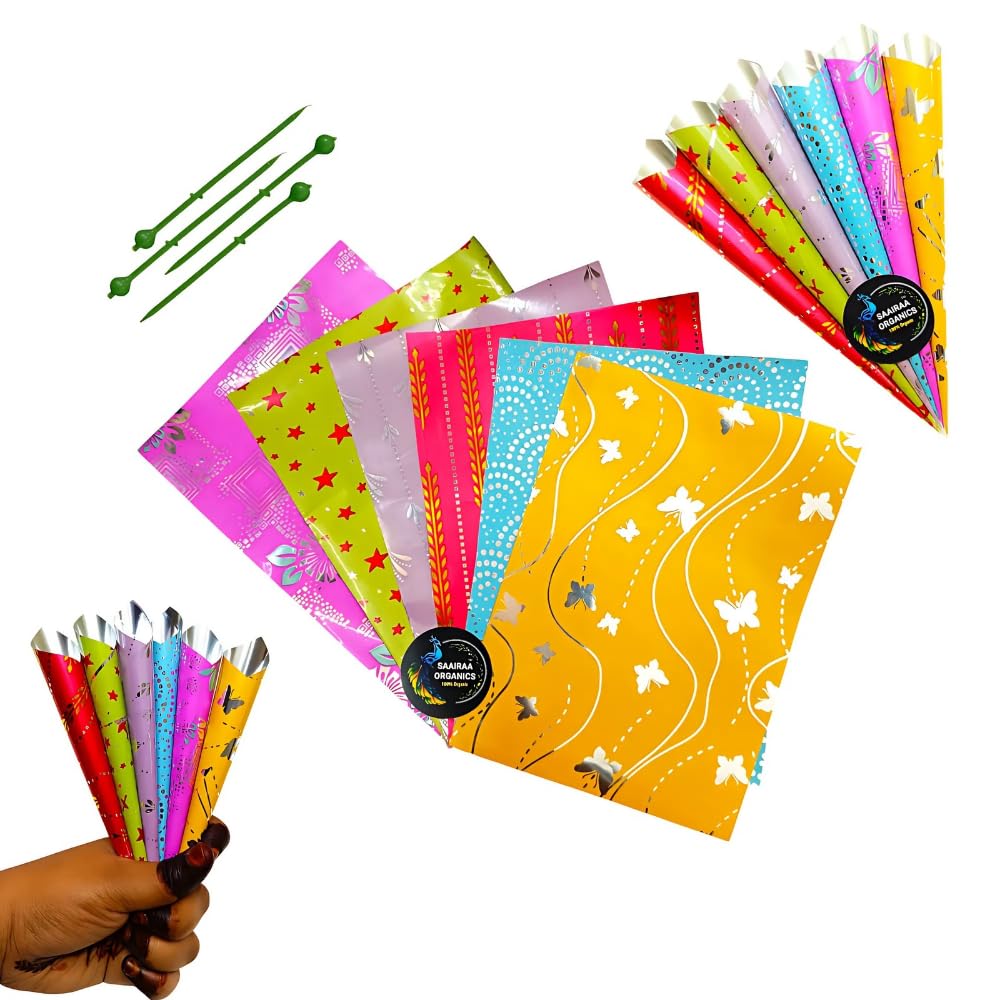 Saairaa Organics Printed Design Pre Cut Multicolour Silver Lining Cellophane Sheets for mehndi cone 30 Micron 6.75 Inch X 5 Inch (60Pcs) with 0.7 MM Plastic Pins for Cone...
