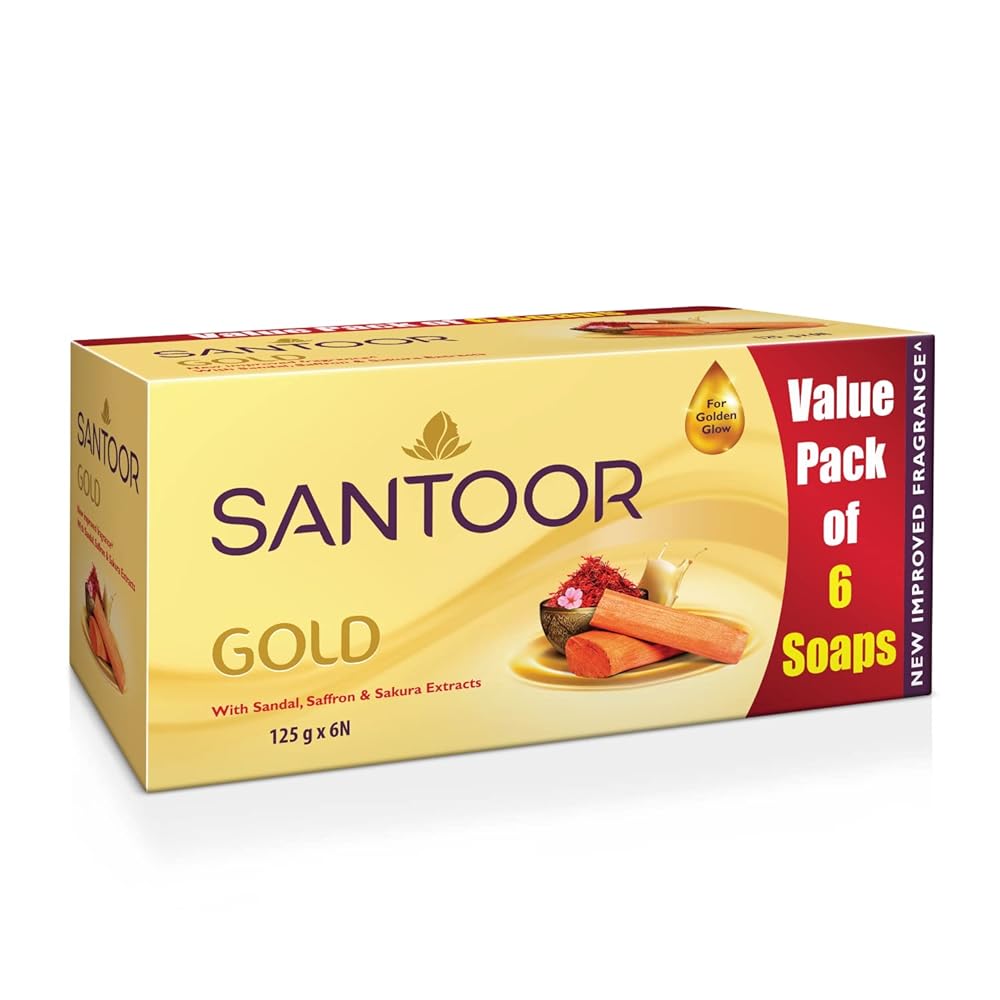Santoor Gold Bathing Bar Soap with Kashmiri Saffron, Sandal & Sakura Extracts for Soft & Younger-Looking Skin| Gentle & Rich Lathering Formula with Refreshing Fragrance| For All...