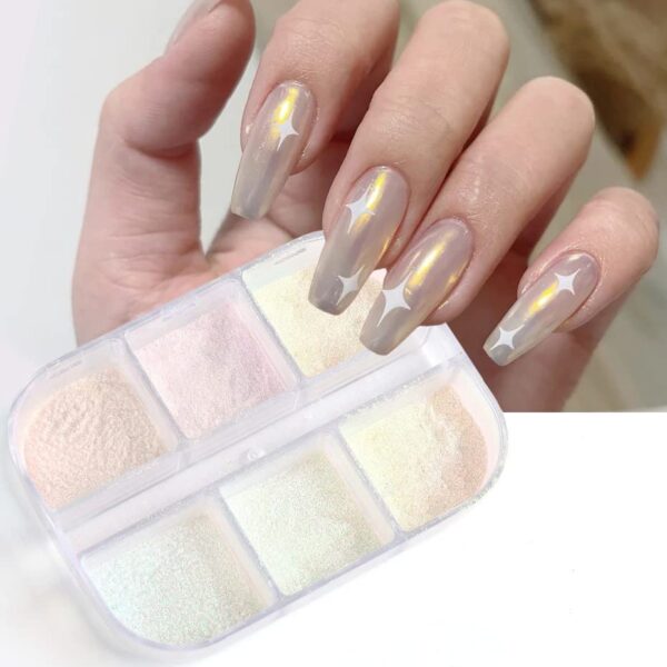 S.A.V.I 6 Grids Nail Art Kit Box, Aurora Chrome Pigment Mirror Powder, Pearl Glitter, Nail Art Dust Design, Nail Decoration Accessories, DIY Manicure Trending for Women Girls