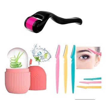 Scholazs Combo Of Derma Roller 0.5mm With 540 Titanium Micro Needles For Hair Growth And 3 Pcs Eyebrow Face Razor And Ice Roller For Face Skin Glowing Ice Cube Massager