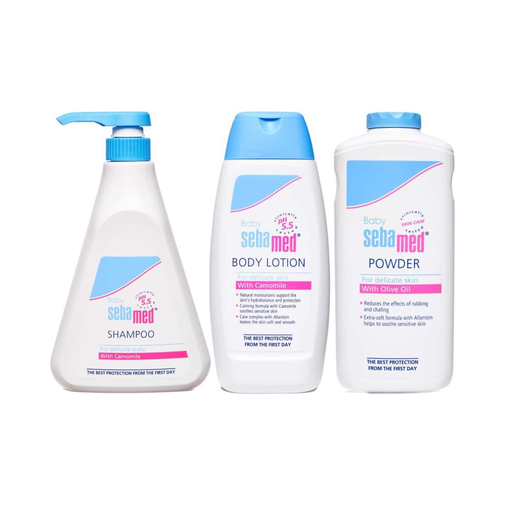 Sebamed Baby Body Lotion & Sensitive skin Baby Shampoo Camomile moisturiser & Baby Powder Combo - Sebamed