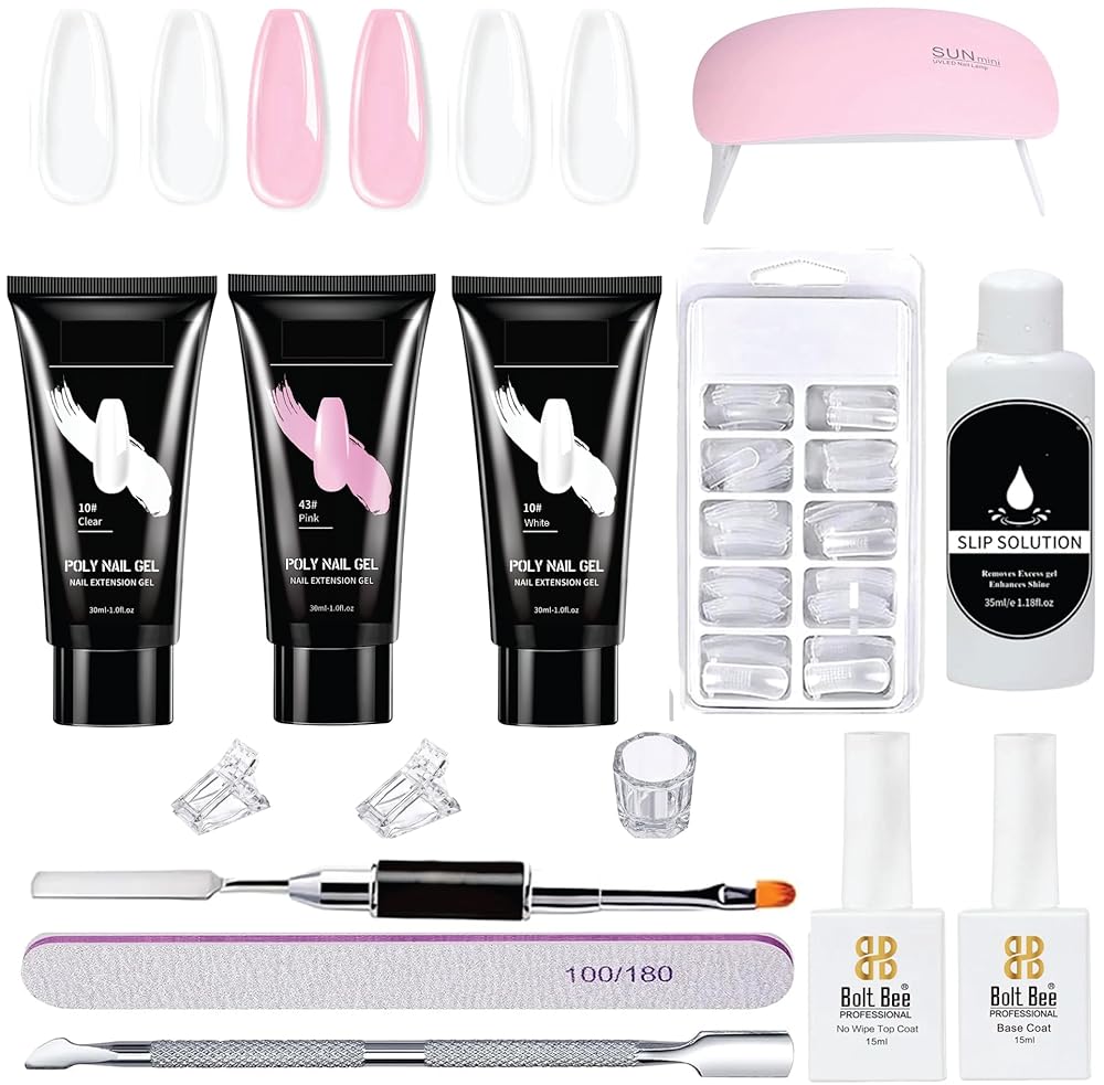 SEVEN STROKES Poly Gel Nail Extension Kit - 13 Pc (White/Pink/Clear Poly Gel, Tip, Slip Solution, Top & Base Coat, Clip, Dappen Dish, Dual Ended Spatula & Brush, Filer & Pusher)