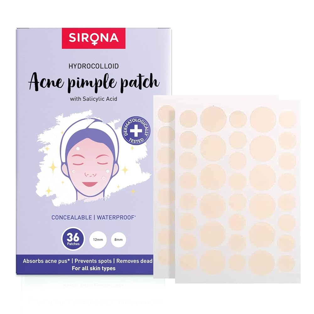 Sirona Anti Acne Pimple Patches for Face – 36 Dots | Invisible Facial Stickers Cover with 100% Hydrocolloid Waterproof Patches | For Active Surface Acne