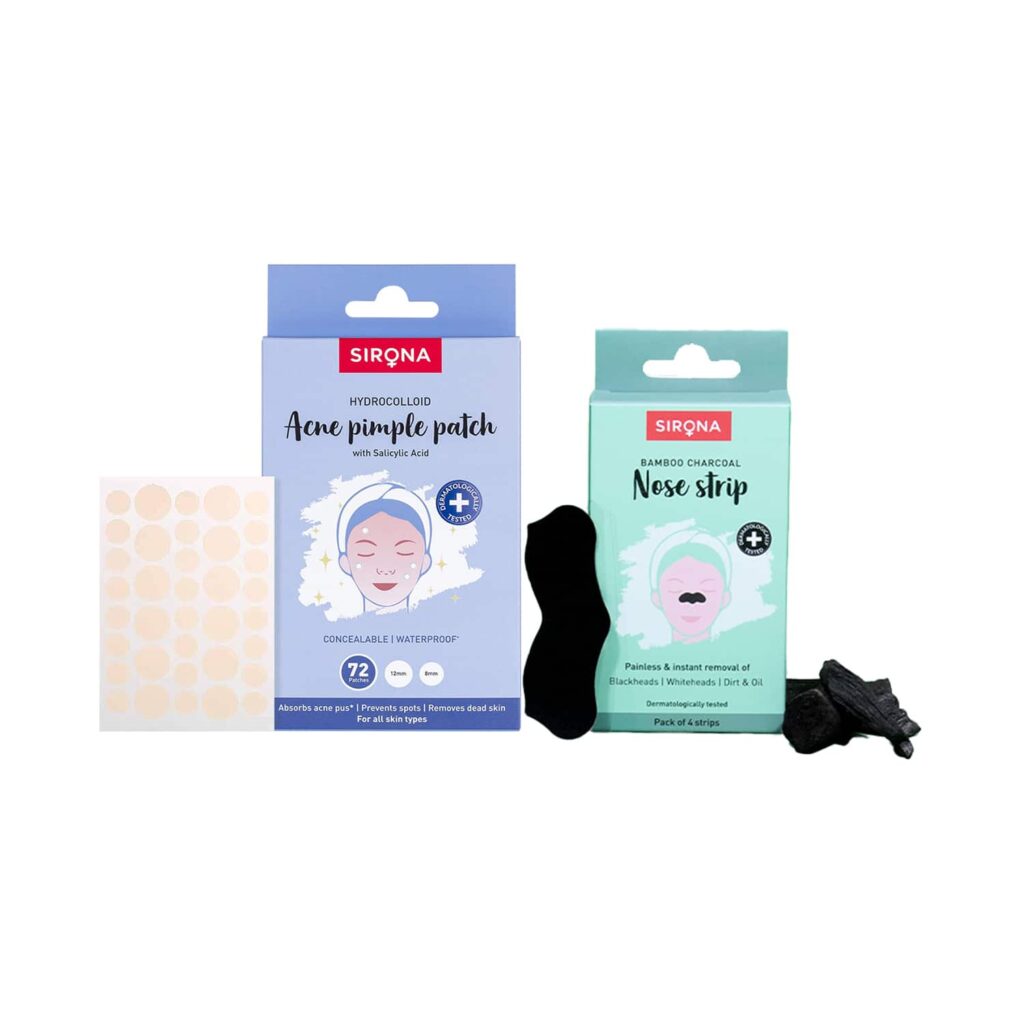 Sirona Natural Anti Acne & Pimple Face Patches & Bamboo Charcoal Nose Strips for Clear Skin Combo - Sirona
