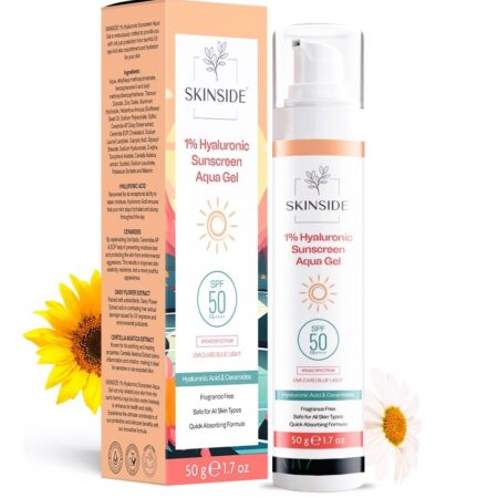 SkinSide 1% Hyaluronic Sunscreen Aqua Gel Ultra Light SPF 50 PA++++ | UVA UVB & Blue Light Protection | Zero White Cast | For All Skin Types | For Men & Women (50g)