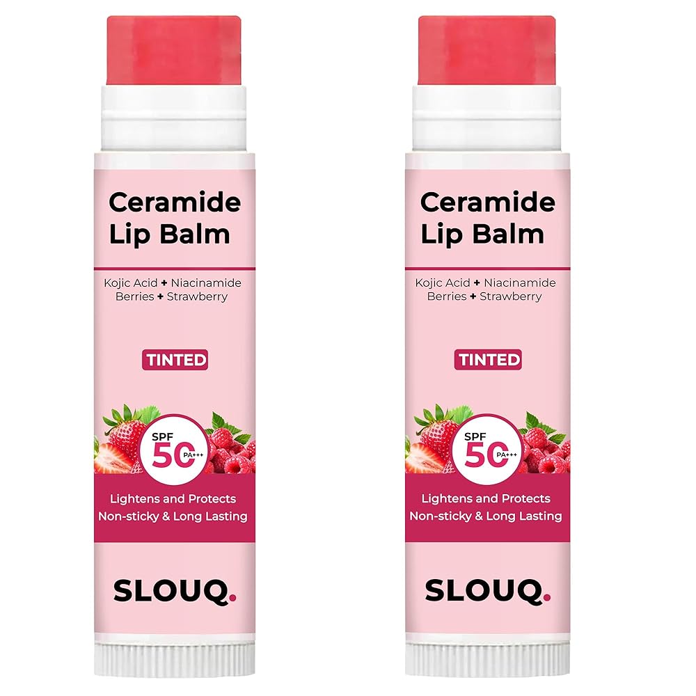 Slouq Tinted Ceramide Lip Balm - Kojic Acid & Niacinamide - SPF50 PA+++ - Lip Lightening & Protection - Non-Sticky & Long Lasting - 5gm (Pack Of 2), Pink