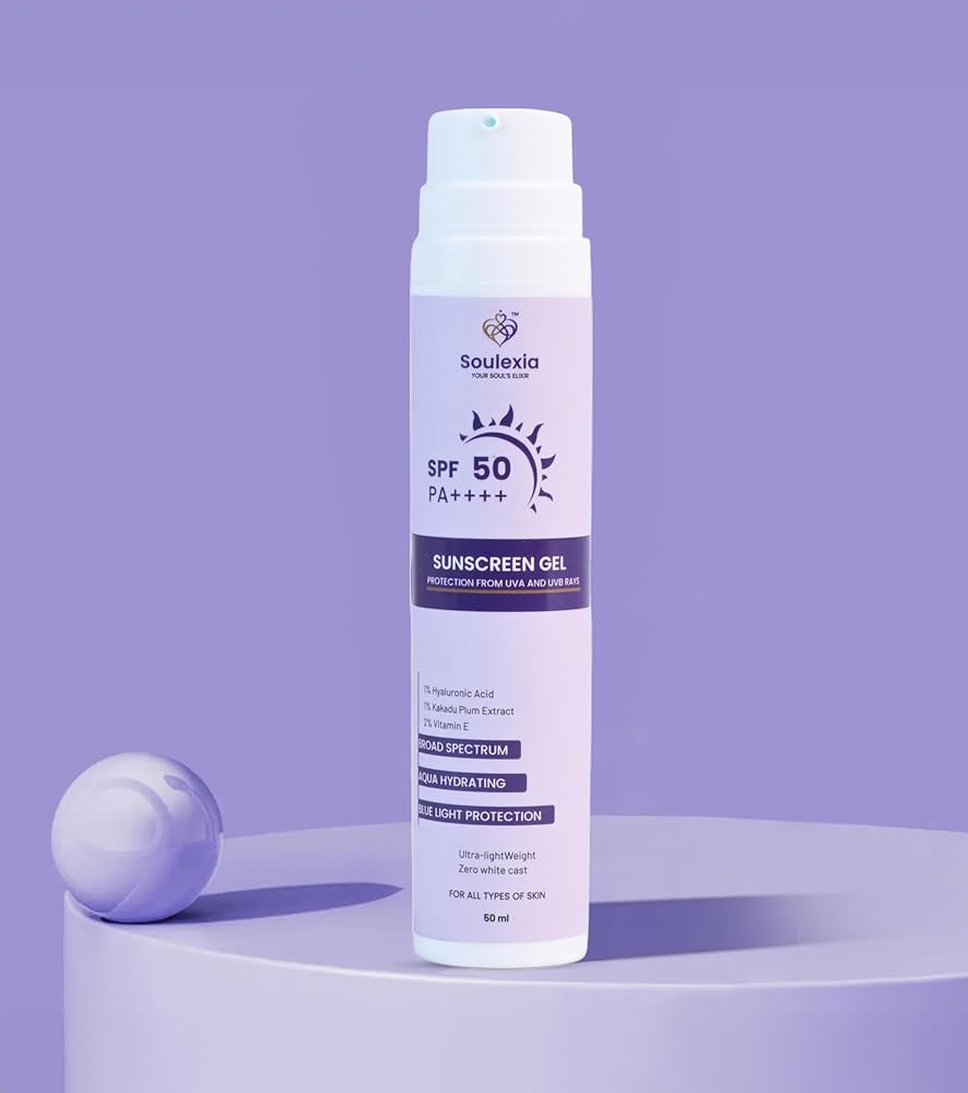 Soulexia 1% Hyaluronic Acid Sunscreen Gel SPF 50 PA++++ | Ultra-Light, Hydrating, Non-Greasy | No White Cast | For Oily & Dry Skin | Broad Spectrum & Blue Light Protection | For...