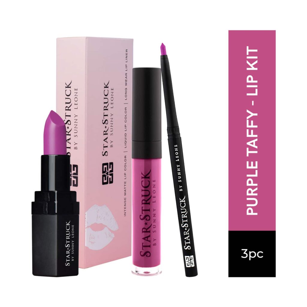 Star Struck by Sunny Leone Lip Gloss With Lip Liner & Lipstick Lip Kit - Purple Taffy (3 Pcs) - Star Struck by Sunny Leone