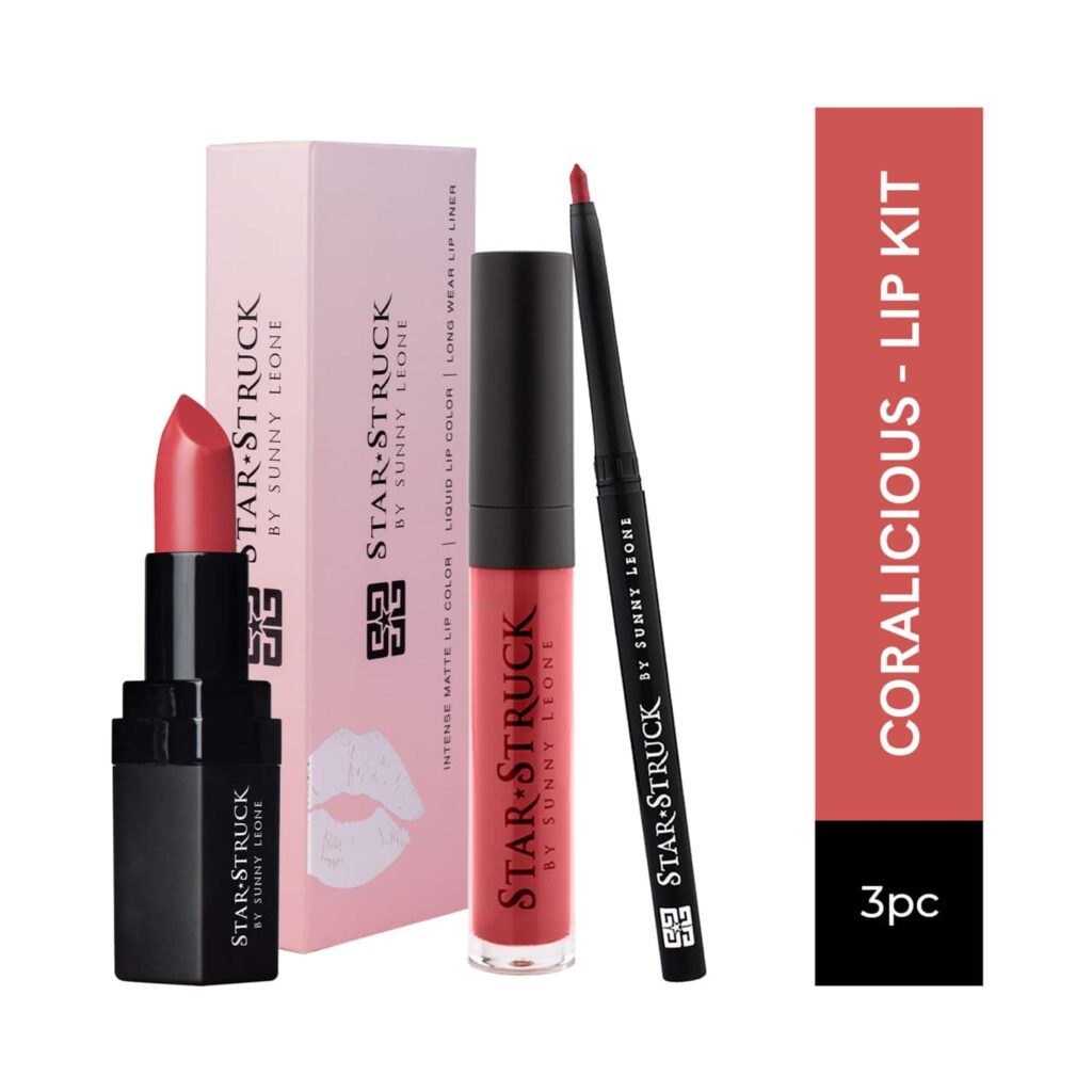 Star Struck by Sunny Leone Lip Gloss With Lip Liner & Lipstick Lip Kit - Coralicious (3 Pcs) - Star Struck by Sunny Leone