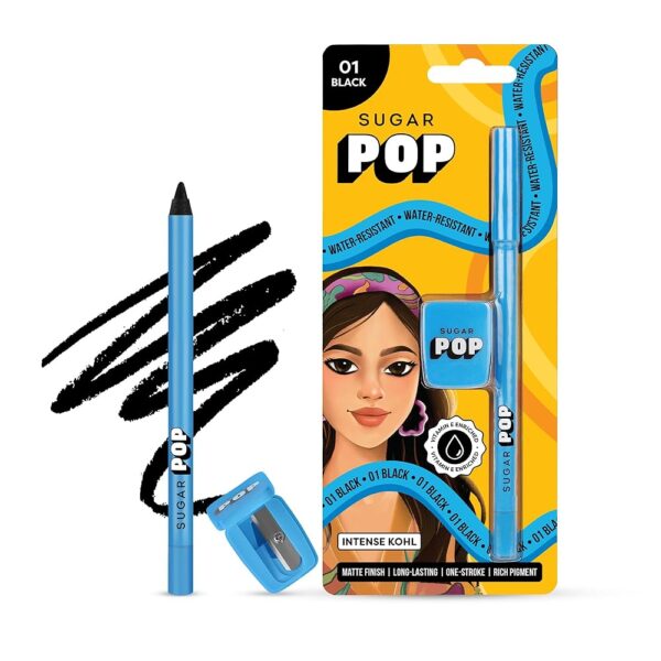 SUGAR POP Intense Kohl | Water-resistant | Enriched with Vitamin E | Smudge-proof | Creamy texture | Kajal with Sharpner | 1.2 gm - 01 Black