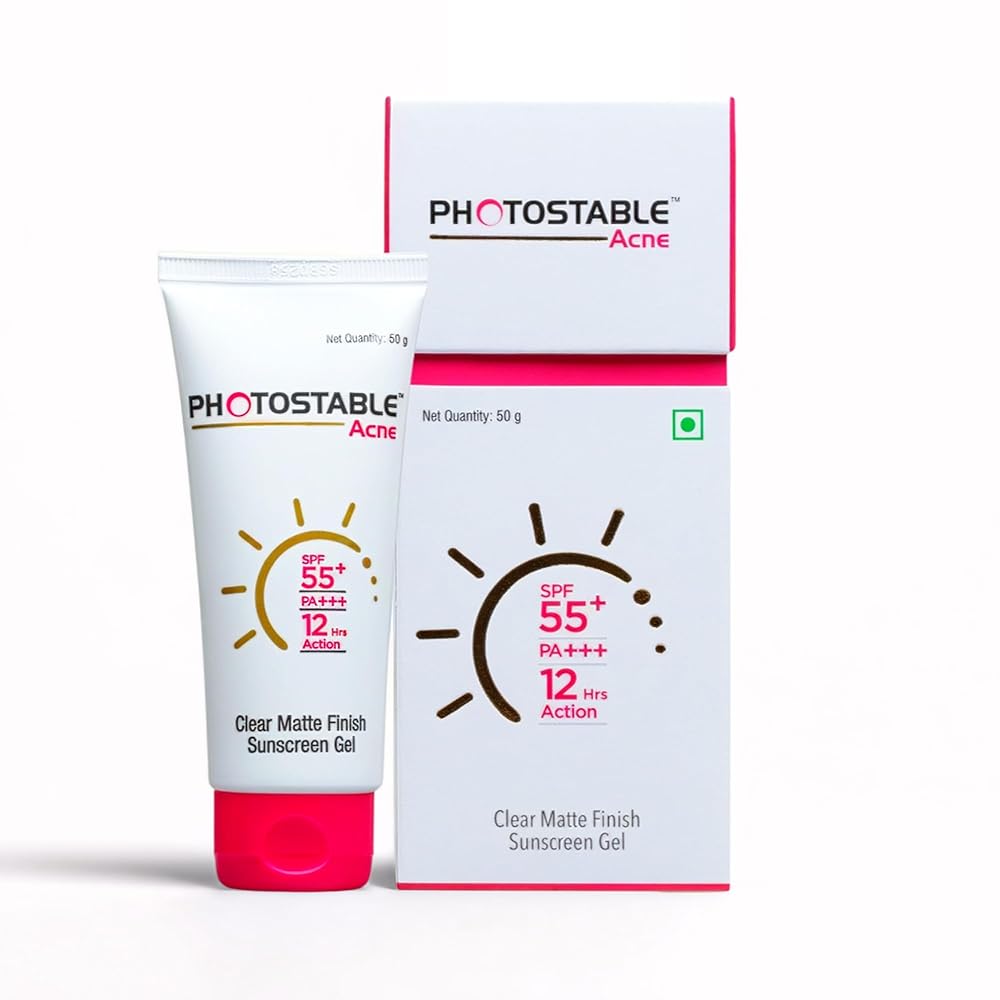 Sun Pharma Photostable Acne Sunscreen Gel SPF 55+ | PA+++ | 12-Hour UV Protection | Matte Finish | Non-Comedogenic, Oil-Control, Sweat & Water-Resistant | No White Cast | 50g