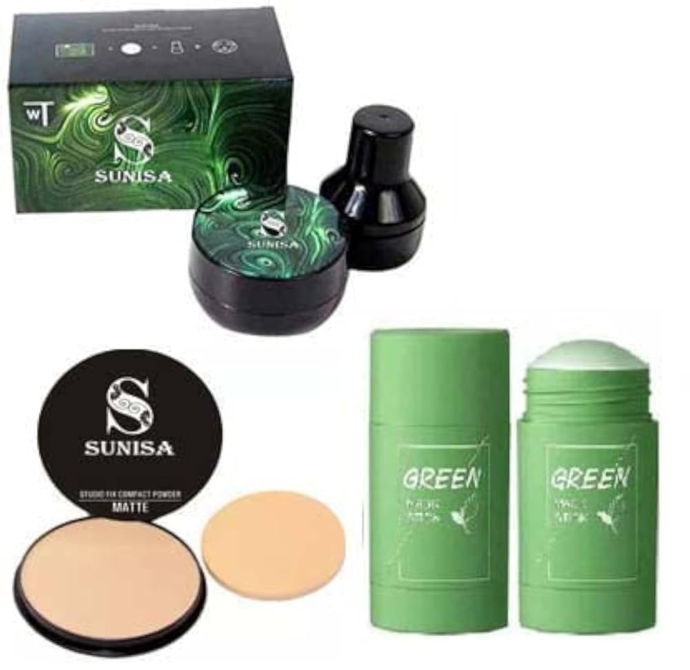 SUNISA 1 Bb And Cc Cream Full Coverage Natural Foundation For All Skin Type With Mushroom Head Air Cushion 20G And 1 Studio Fix Compact Powder With 1 Green Tea Stick Mask -...