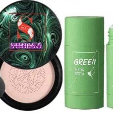 SUNISA Bb And Cc Cream Full Coverage Natural Foundation For All Skin Type With Mushroom Head Air Cushion 20G And 1 Green Tea Stick Mask - (Pack Of 2)