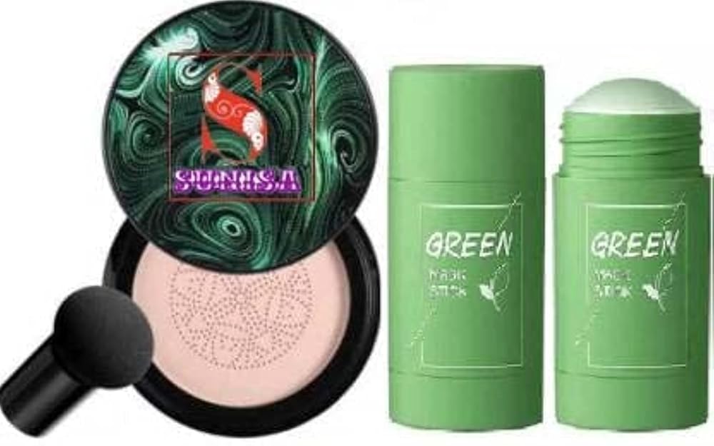 SUNISA Bb And Cc Cream Full Coverage Natural Foundation For All Skin Type With Mushroom Head Air Cushion 20G And 1 Green Tea Stick Mask - (Pack Of 2)