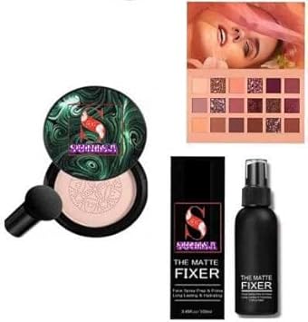 SUNISA BB And Full Coverage CC Cream Foundation For All Skin Types With Mushroom Head Air Cushion 20G And 1 The Matte Fixer With 1 Nude Eyeshadow Palatte- (Pack Of 3)