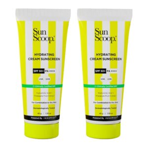 Sunscoop Hydrating Sunscreen | SPF 50+, PA++++ | Mineral Oil & Petroleum Free | Hydrating | Non-Comedogenic | No white cast | 45gm(Pack of 2)