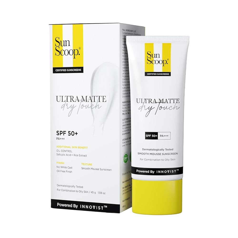 SunScoop Ultra Matte Dry Touch Sunscreen SPF 50 PA+++ |Matte Finish | Zinc Oxide & 0.1%ww Salicylic Acid for Oily Acne Prone Skin | Broad Spectrum, Non Comedogenic & No White...