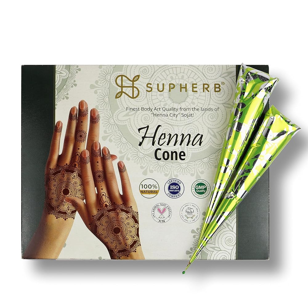 SUPHERB - Mehandi Cone Pack of 12 - Organic & Natural Henna Leaf Mehendi for Instant Hand & Body Tattoo Art Design - Long Lasting Colour Paste Cone for Festivals & Occasions -...