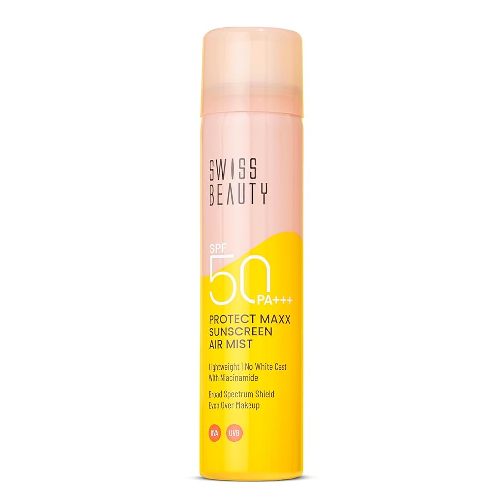 SWISS BEAUTY Protect Maxx Sunscreen Air Mist | SPF 50 PA+++ | With Niacinamide | UVA+UVB Protection For All Skin Type | Even Over Makeup | For Face & Body | 80ml