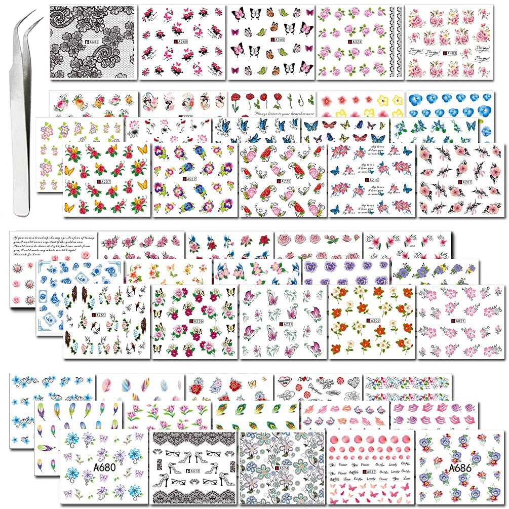 Synaty 50 Pcs Art Stickers Plus Tweezer, Easy DIY Water Transfer Nail Decals Decoration (Style 1, Paper), 6 Cm X 5 Cms