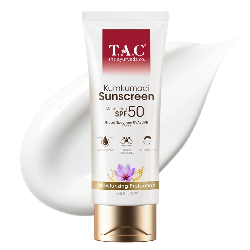 TAC Kumkumadi Sunscreen SPF 50 PA+++ With Saffron & Manjistha | Reduces Tan & Pigmentation |No White Cast | Hydrating Formula | Ayurvedic Sun Protection | 50gm