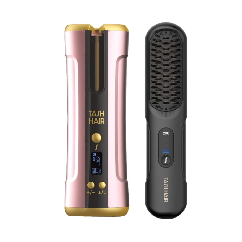 Tash Hair Twirl Automatic Cordless Hair Curler (Blush) & Glide Hair Straightener Brush (Noir) Combo - Tash Hair