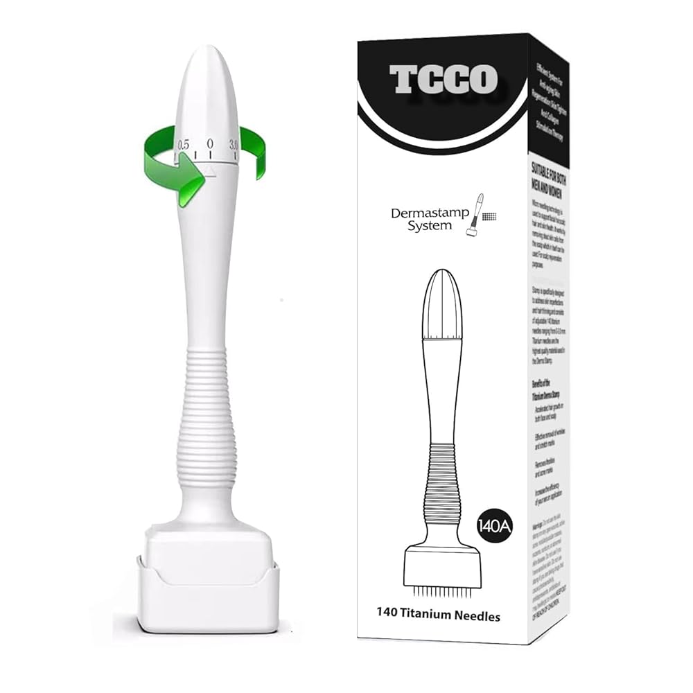 TCCO 140 Titanium Adjustable Microneedling Derma Stamp -Derma Microneedle Stamp for Face & Hair & Beard & Scalp - Derma Roller Alternative Skin Care - Dermastamp For Body Home...
