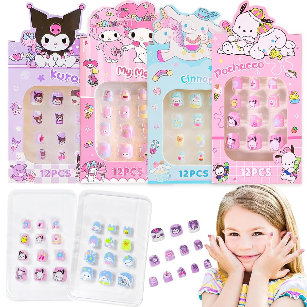 TecoKart® 48Pcs Press on Nails for Kids – Cute Cartoon Fake Nails with Jelly Glue, Short Artificial Nail Art Kit for Girls, Reusable & Safe Nail Extensions for Easy DIY Manicure
