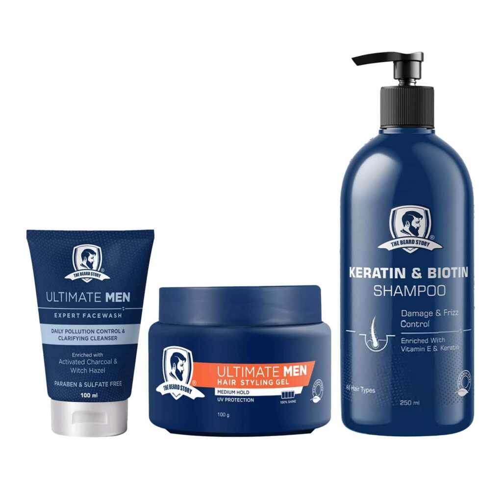 The Beard Story Keratin And Biotin Shampoo, Ultimate Men Expert Face Wash & Hair Styling Gel Combo - The Beard Story
